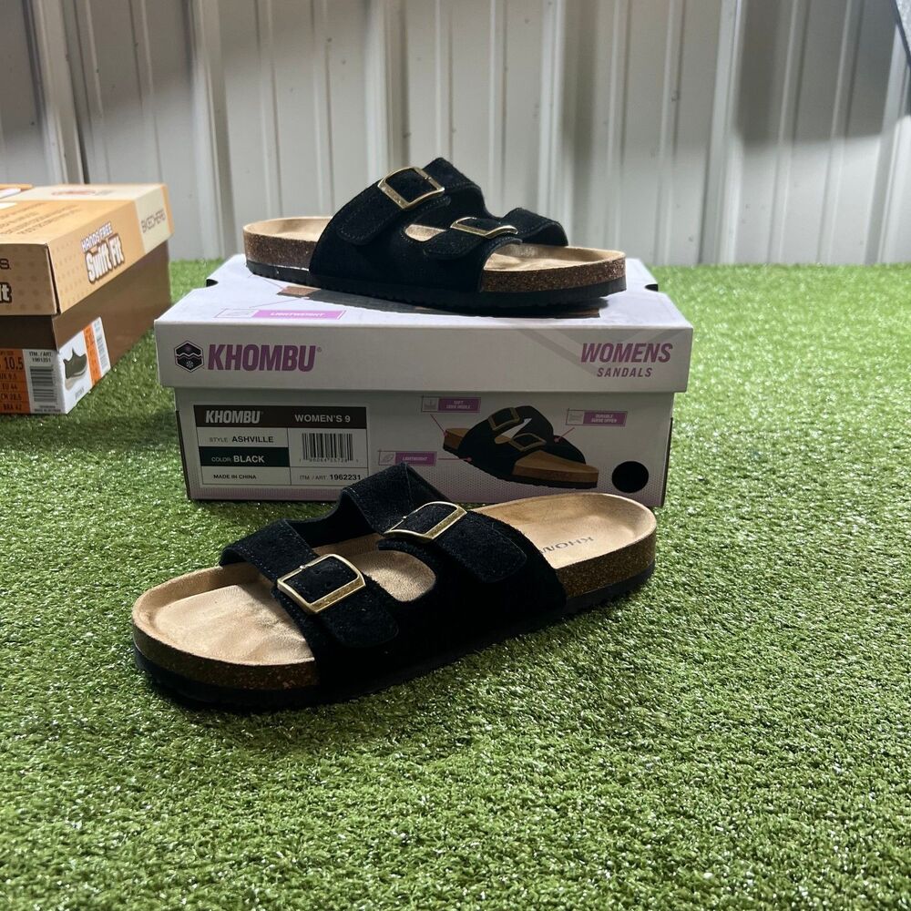 Khombu Ashville Women's Size 9 Black Suede Two Strap Buckle Slide Sandals w/ Box